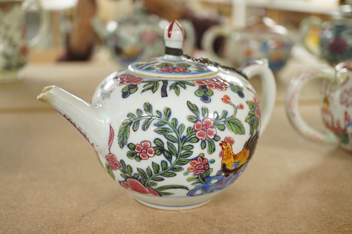 Three 18th century Chinese porcelain European enamelled teapots and covers, tallest - 13cm high